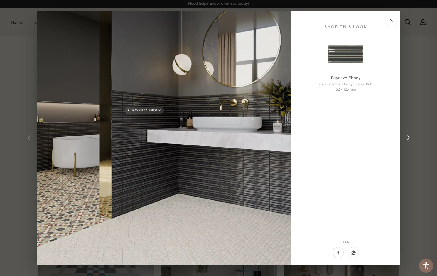 ODE lookbook with a pinned Fayenza Ebony tile and its Shop this look panel